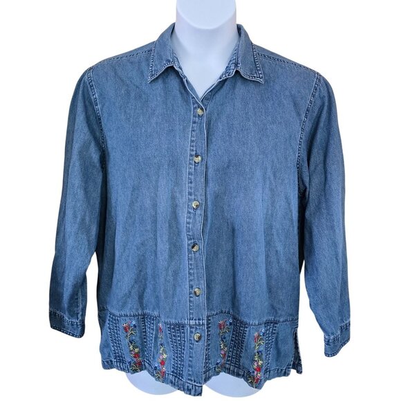 Denim Shirt 1X Floral Embroidery Long Sleeve Button Down cottagecore boho casual - Picture 1 of 8